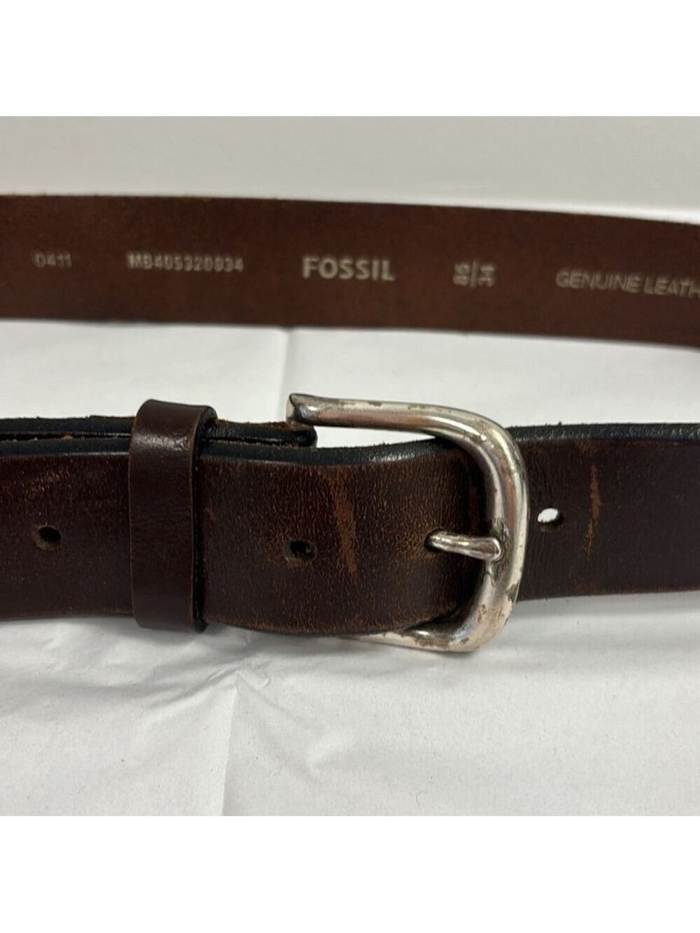FOSSIL vintage brown leather belt brushed silver tone metal buckle sz 34 unisex